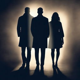 Create an ebook cover featuring a man standing in the shadows with two women on either side of him