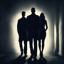 Create an ebook cover featuring a man standing in the shadows with two women on either side of him