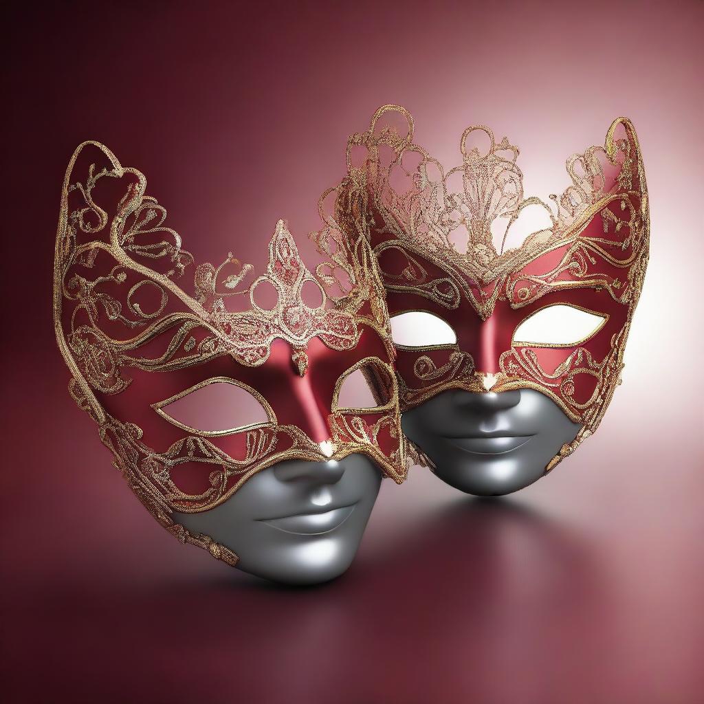 A 3D rendering of two masquerade ball masks set against a deep red background