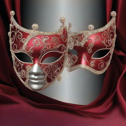 A 3D rendering of two masquerade ball masks set against a deep red background