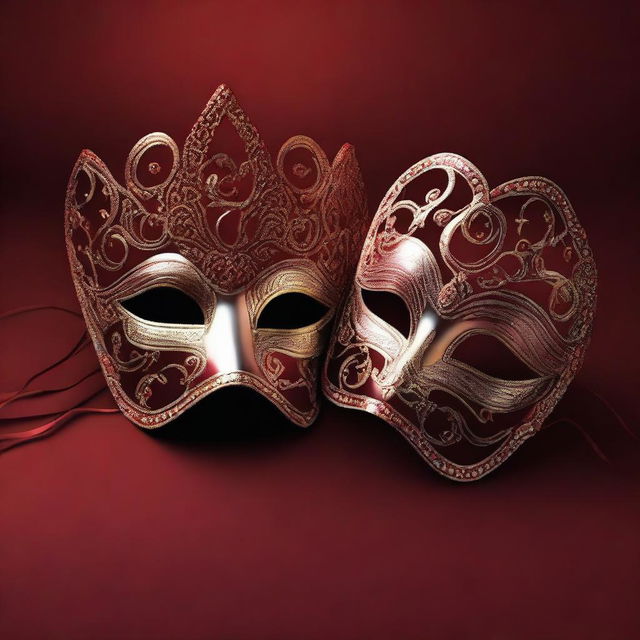 A 3D rendering of two masquerade ball masks set against a deep red background