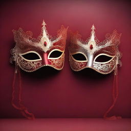 A 3D rendering of two masquerade ball masks set against a deep red background