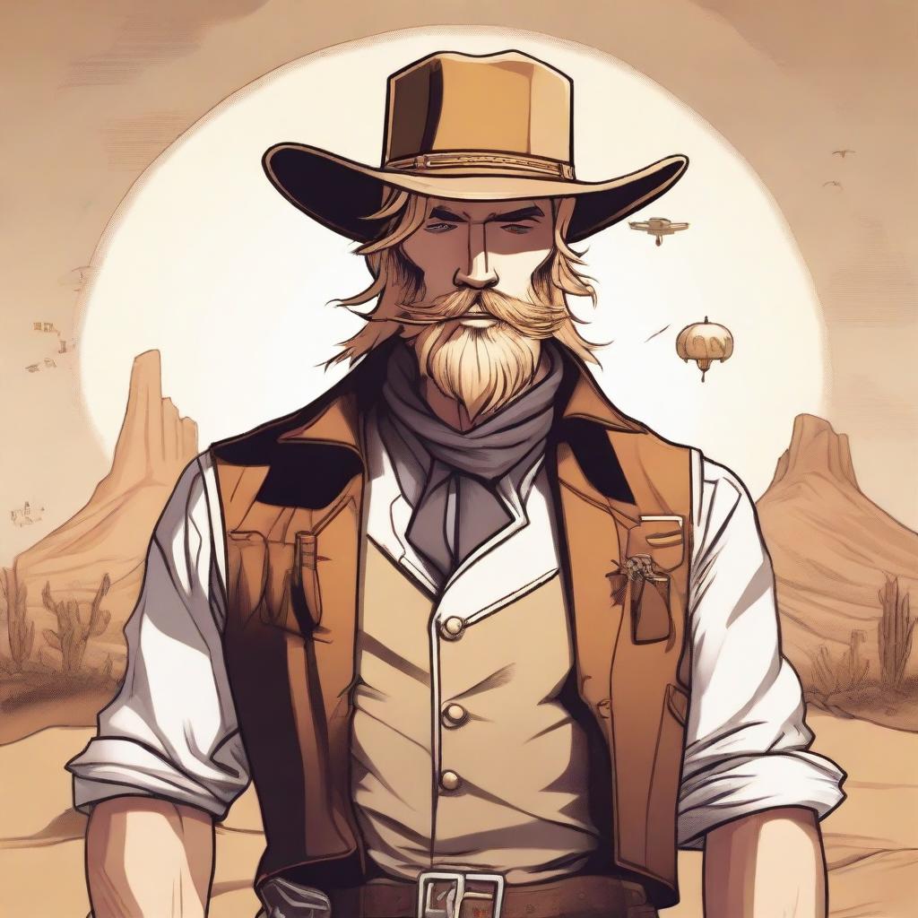 A detailed illustration of a Dhampir Artificer with blonde hair and a trimmed beard, wearing a cowboy hat