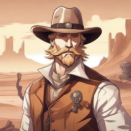 A detailed illustration of a Dhampir Artificer with blonde hair and a trimmed beard, wearing a cowboy hat