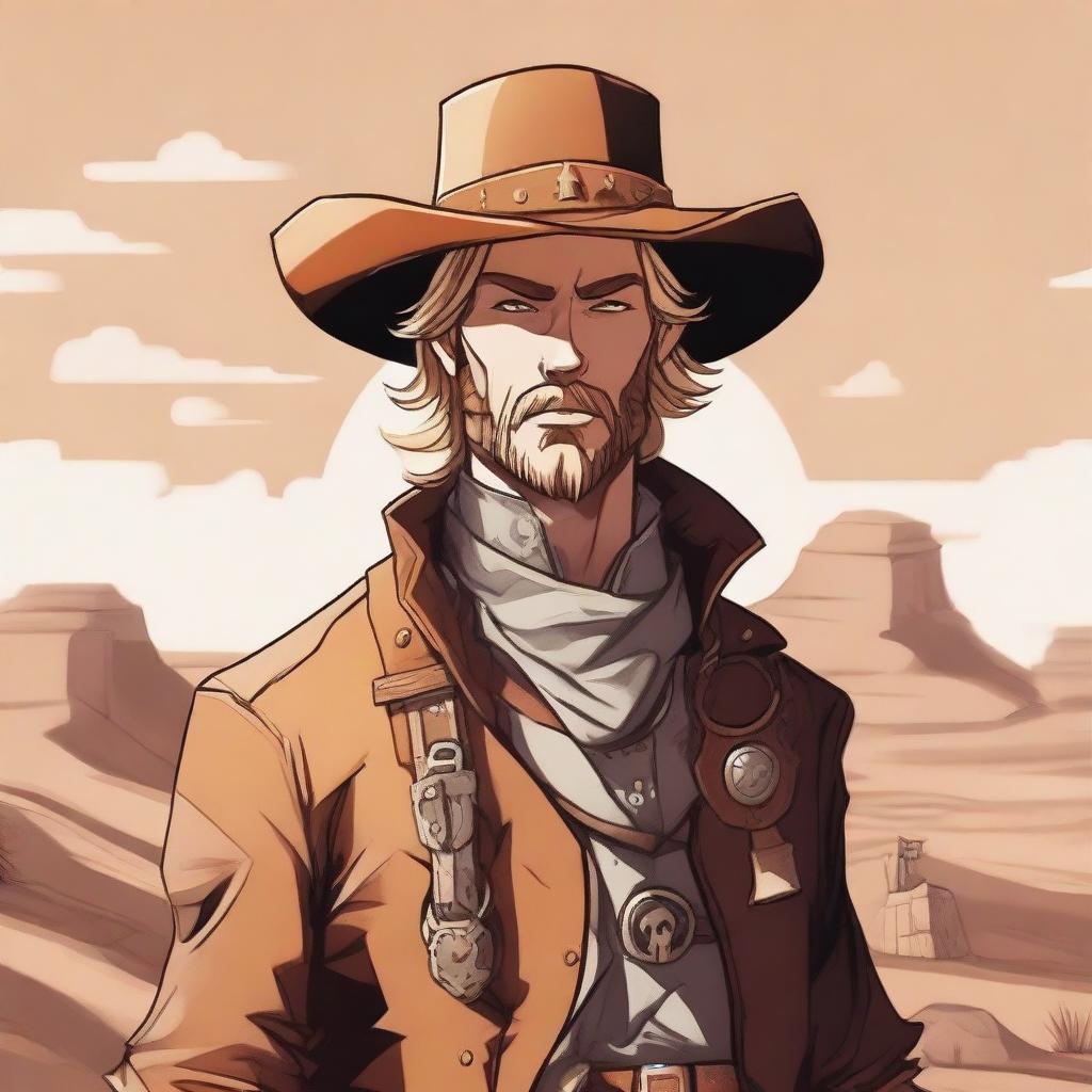 A detailed illustration of a Dhampir Artificer with blonde hair and a trimmed beard, wearing a cowboy hat