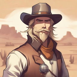 A detailed illustration of a Dhampir Artificer with blonde hair and a trimmed beard, wearing a cowboy hat