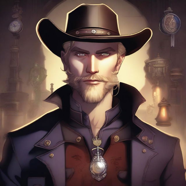 A vampire Artificer with blonde hair and a trimmed beard, wearing a cowboy hat