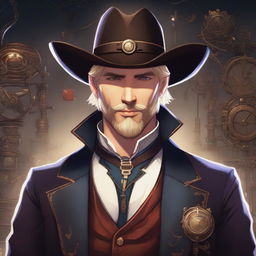 A vampire Artificer with blonde hair and a trimmed beard, wearing a cowboy hat