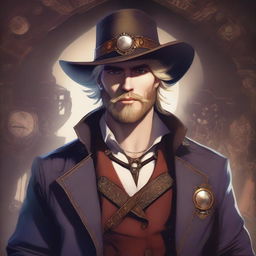 A vampire Artificer with blonde hair and a trimmed beard, wearing a cowboy hat