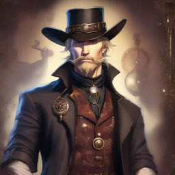 A vampire Artificer with blonde hair and a trimmed beard, wearing a cowboy hat