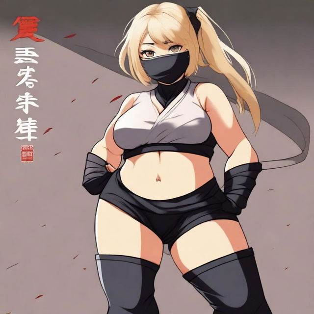 A chubby blonde ninja girl wearing a mask and opaque black stockings