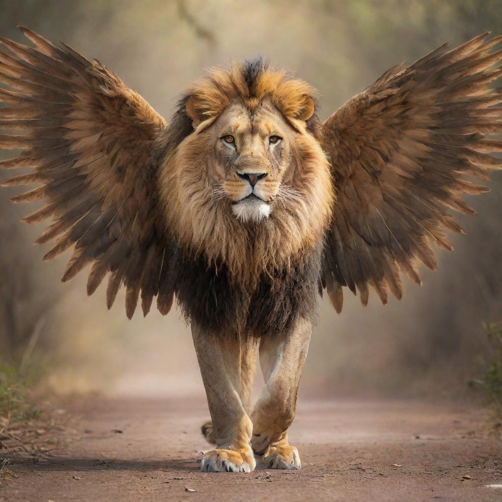 An awe-inspiring image of a majestic lion, adorned with six intricate wings. Its fearsome eyes are placed not only on its face, but also spread out on its body and underneath the wings.