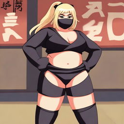 A chubby blonde ninja girl wearing a mask and opaque black stockings