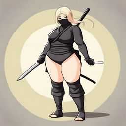 A chubby blonde ninja girl wearing a mask and opaque black stockings