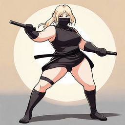 A chubby blonde ninja girl wearing a mask and opaque black stockings