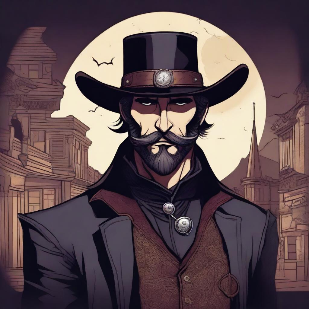 A detailed illustration of a vampire artificer with a trimmed beard, wearing a cowboy hat