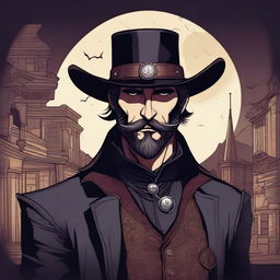 A detailed illustration of a vampire artificer with a trimmed beard, wearing a cowboy hat