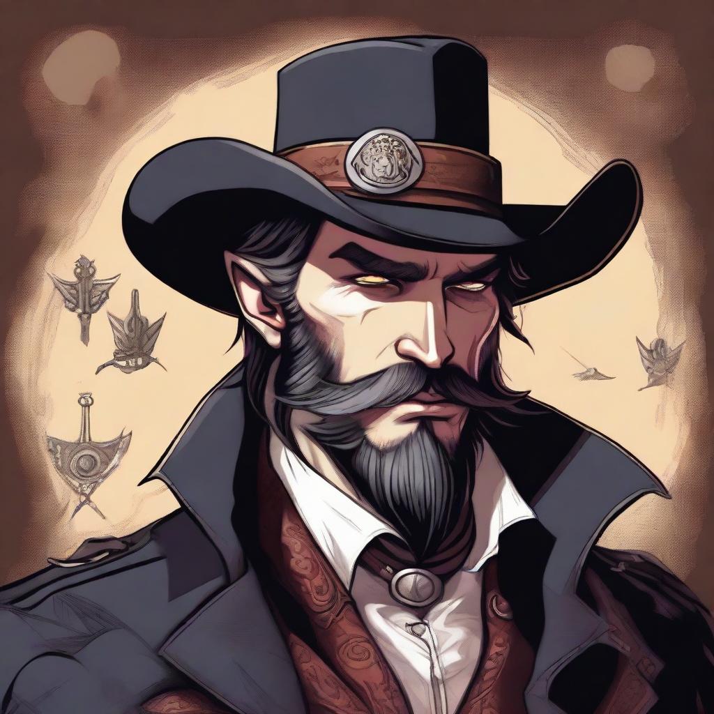 A detailed illustration of a vampire artificer with a trimmed beard, wearing a cowboy hat