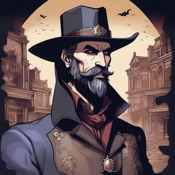 A detailed illustration of a vampire artificer with a trimmed beard, wearing a cowboy hat