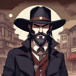 A detailed illustration of a vampire artificer with a trimmed beard, wearing a cowboy hat