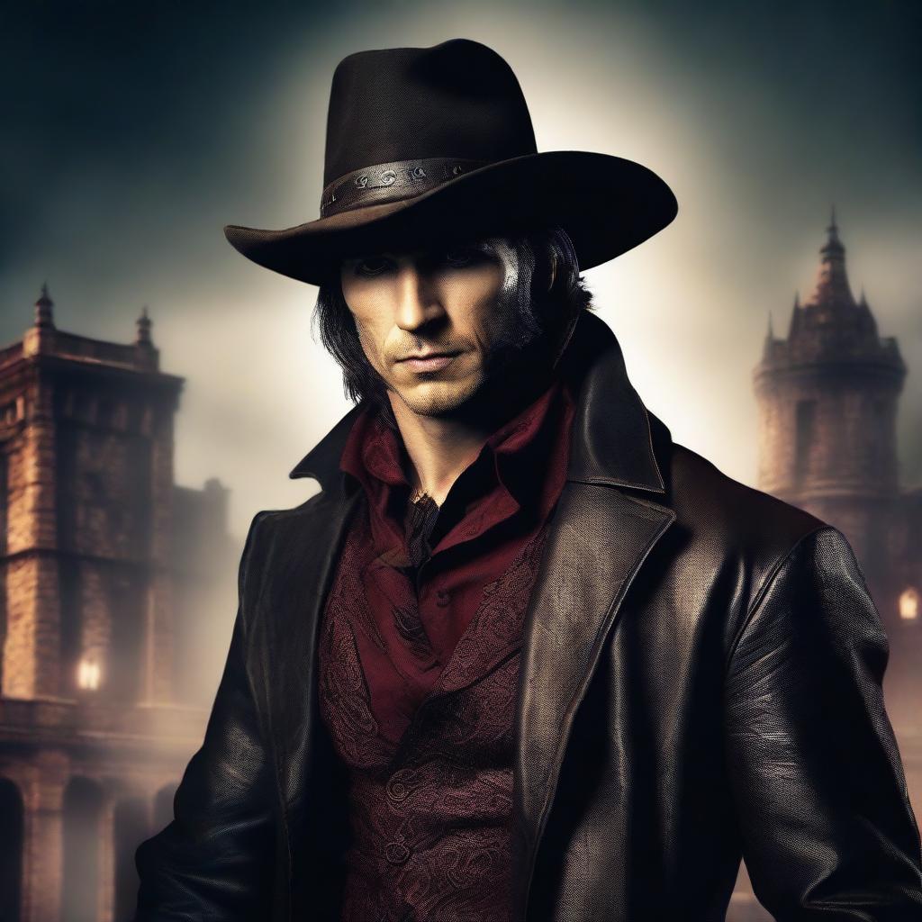 A vampire Artificer with some stubble and a cowboy hat, standing in a dimly lit castle background