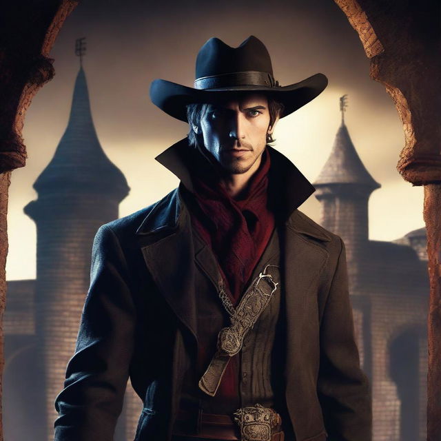 A vampire Artificer with some stubble and a cowboy hat, standing in a dimly lit castle background