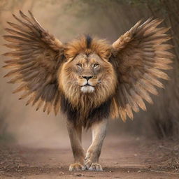 An awe-inspiring image of a majestic lion, adorned with six intricate wings. Its fearsome eyes are placed not only on its face, but also spread out on its body and underneath the wings.