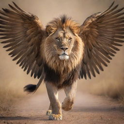 An awe-inspiring image of a majestic lion, adorned with six intricate wings. Its fearsome eyes are placed not only on its face, but also spread out on its body and underneath the wings.