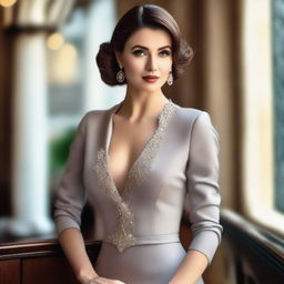 A beautiful woman with a confident and alluring presence, dressed in stylish and elegant attire