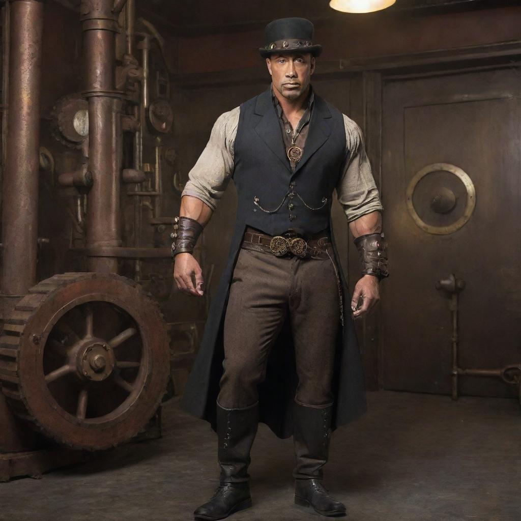 The actor and wrestler 'The Rock' dressed in intricate steampunk attire, complete with Victorian-era clothing, cog-laden accessories, and a mechanical, steam-powered gym setup.