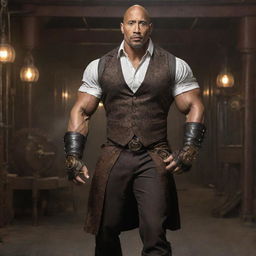 The actor and wrestler 'The Rock' dressed in intricate steampunk attire, complete with Victorian-era clothing, cog-laden accessories, and a mechanical, steam-powered gym setup.