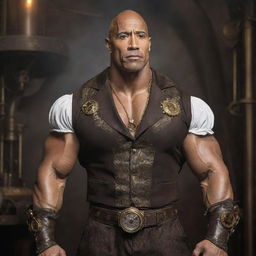 The actor and wrestler 'The Rock' dressed in intricate steampunk attire, complete with Victorian-era clothing, cog-laden accessories, and a mechanical, steam-powered gym setup.