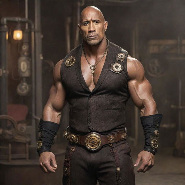 The actor and wrestler 'The Rock' dressed in intricate steampunk attire, complete with Victorian-era clothing, cog-laden accessories, and a mechanical, steam-powered gym setup.