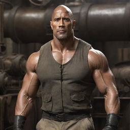 The muscular actor The Rock transformed into a dieselpunk protagonist, fitted with rugged industrial gear, military-style attire, and framed by a backdrop of retro-stylized machinery.