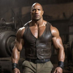 The muscular actor The Rock transformed into a dieselpunk protagonist, fitted with rugged industrial gear, military-style attire, and framed by a backdrop of retro-stylized machinery.