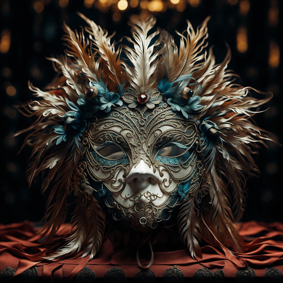 A 2D image of an ornate 17th-century masquerade mask with rich colors and luxurious materials, set against a background evoking opulence and grandeur