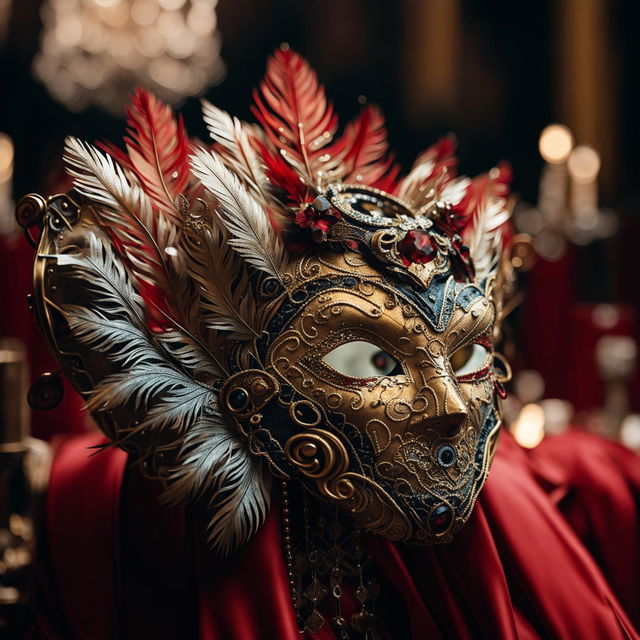 A 2D image of a gold and deep red masquerade mask with a handle, set against a blurred grand ballroom background evoking 17th-century opulence