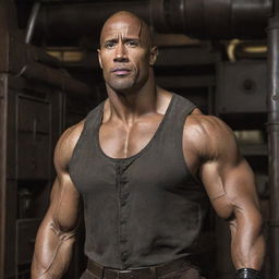 The muscular actor The Rock transformed into a dieselpunk protagonist, fitted with rugged industrial gear, military-style attire, and framed by a backdrop of retro-stylized machinery.