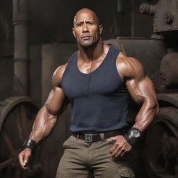The muscular actor The Rock transformed into a dieselpunk protagonist, fitted with rugged industrial gear, military-style attire, and framed by a backdrop of retro-stylized machinery.