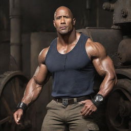 The muscular actor The Rock transformed into a dieselpunk protagonist, fitted with rugged industrial gear, military-style attire, and framed by a backdrop of retro-stylized machinery.