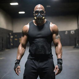 The Rock reimagined in the gaspunk world, garbed in gas mask-inspired accessories, worn metals, amidst a gritty, dystopian gym atmosphere.