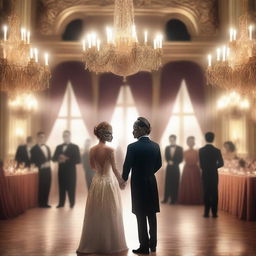 A 3D-rendered scene of a masquerade ball with a blurred background, focusing on the overall atmosphere rather than close-ups of people