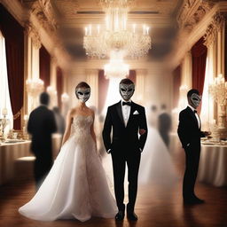 A 3D-rendered scene of a masquerade ball with a blurred background, focusing on the overall atmosphere rather than close-ups of people