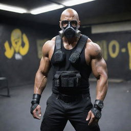 The Rock reimagined in the gaspunk world, garbed in gas mask-inspired accessories, worn metals, amidst a gritty, dystopian gym atmosphere.