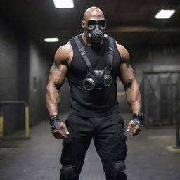 The Rock reimagined in the gaspunk world, garbed in gas mask-inspired accessories, worn metals, amidst a gritty, dystopian gym atmosphere.