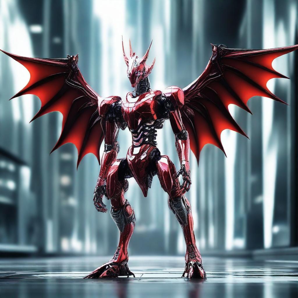 A formidable draconic robot stands in a futuristic setting