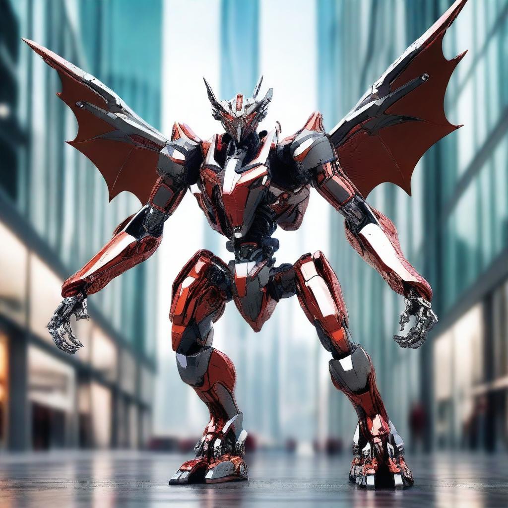 A formidable draconic robot stands in a futuristic setting