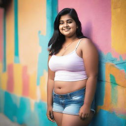 A chubby Indian teenage girl wearing a tight camisole and small shorts