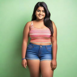 A chubby Indian teenage girl wearing a tight camisole and small shorts