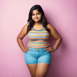 A chubby Indian teenage girl wearing a tight camisole and small shorts